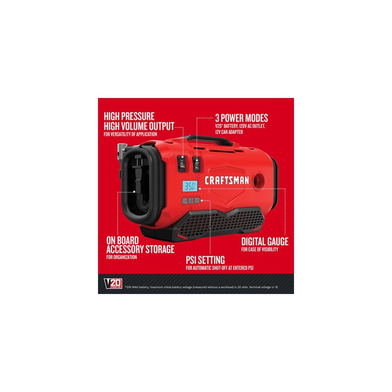 CRAFTSMAN ضاغط هواء محمول CRAFTSMAN V20 لضخ الإطارات، مضخة هواء للسيارة، 3 أوضاع لضخ الإطارات: لاسلكي، 120 فولت سلكي، ومحول سيارة 12 فولت، البطارية تباع بشكل منفصل (CMCE520B) - Image 2