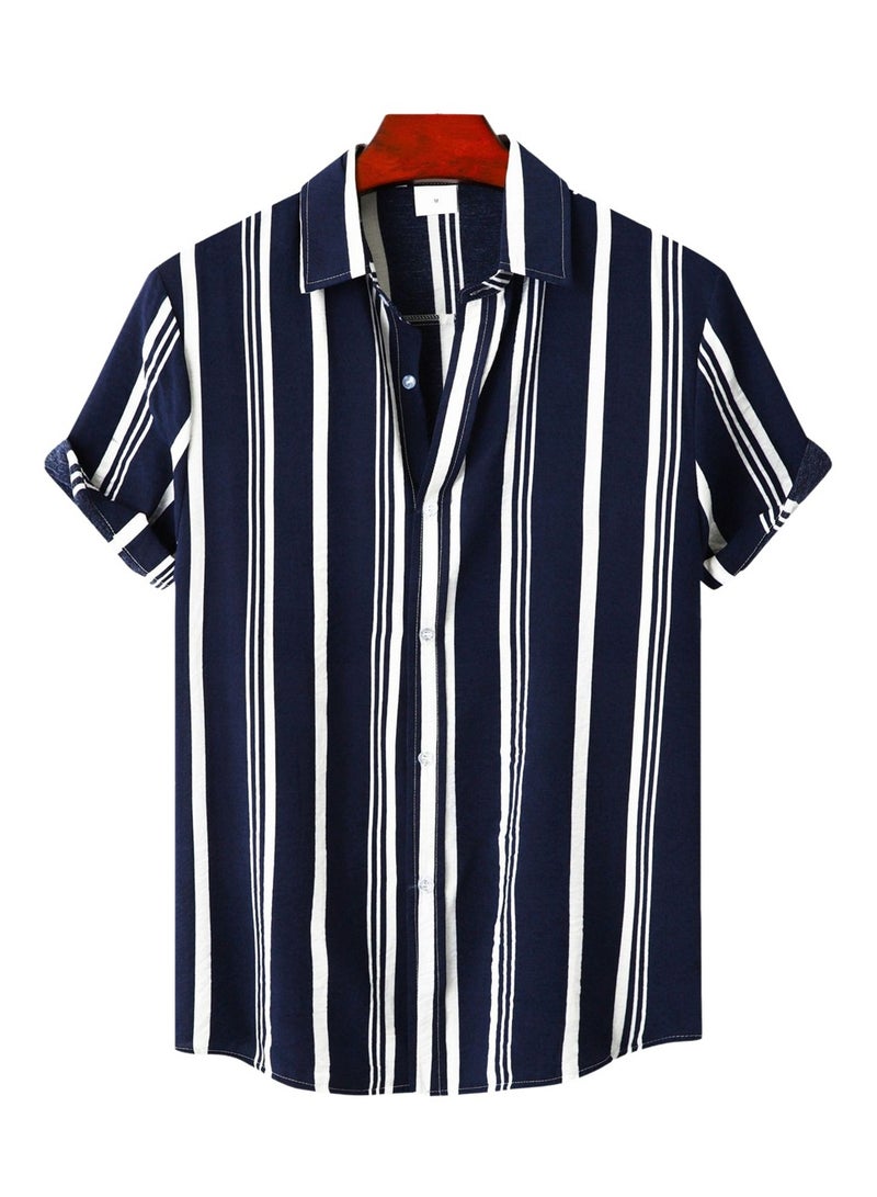 Spring and summer new men's shirt men's casual striped print short-sleeved shirt shirt - Image 1