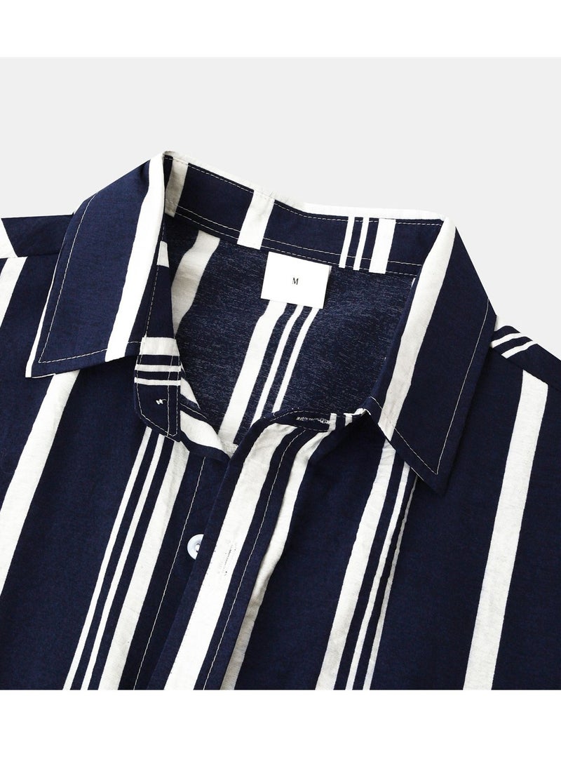 Spring and summer new men's shirt men's casual striped print short-sleeved shirt shirt - Image 4