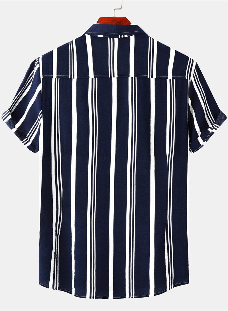 Spring and summer new men's shirt men's casual striped print short-sleeved shirt shirt - Image 3