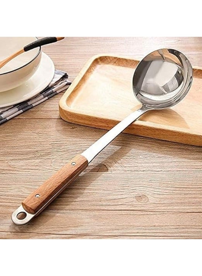 هابي هوم مغرفة حساء من الفولاذ المقاوم للصدأ بمقبض خشبي لتقديم الحساء والمرق والعدس واستخدامات أخرى للمطبخ والمطعم - Image 2