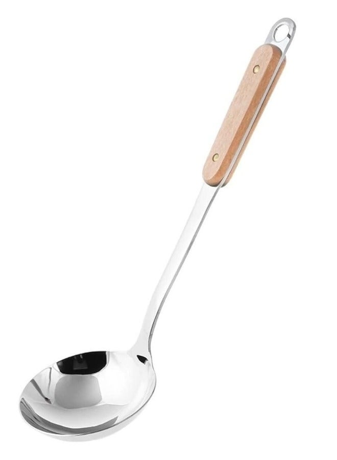 هابي هوم مغرفة حساء من الفولاذ المقاوم للصدأ بمقبض خشبي لتقديم الحساء والمرق والعدس واستخدامات أخرى للمطبخ والمطعم - Image 3