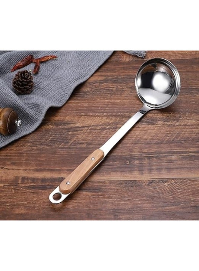 هابي هوم مغرفة حساء من الفولاذ المقاوم للصدأ بمقبض خشبي لتقديم الحساء والمرق والعدس واستخدامات أخرى للمطبخ والمطعم - Image 4