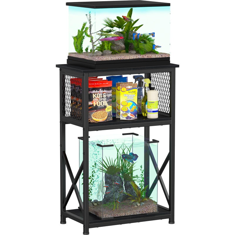 Snughome 10 Gallon Aquarium Stand with Storage, 3 Tier Heavy Metal Fish Tank Stand Shelf 20.47" x 11.42" x 30.91", Black - Image 1
