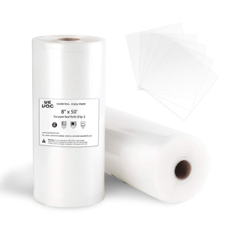 Wevac Vacuum Sealer Bags 8x50 Rolls 2 pack for Food Saver, Seal a Meal, Weston. Commercial Grade, BPA Free, Heavy Duty, Great for vac storage, Meal Prep or Sous Vide - Image 1