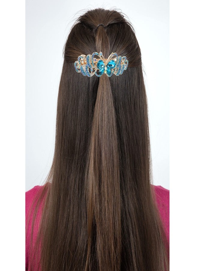 BANBERRY DESIGNS Butterfly Hair Clips - Jeweled Barette - Rose - Gold Metal with Rhinestones - Blue Jewels - 3.5" x 1.25" - Image 4