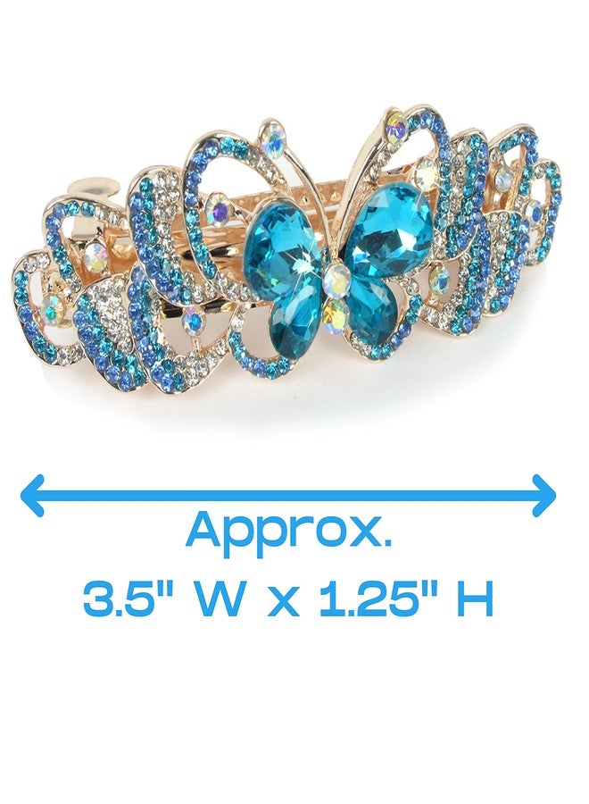 BANBERRY DESIGNS Butterfly Hair Clips - Jeweled Barette - Rose - Gold Metal with Rhinestones - Blue Jewels - 3.5" x 1.25" - Image 2
