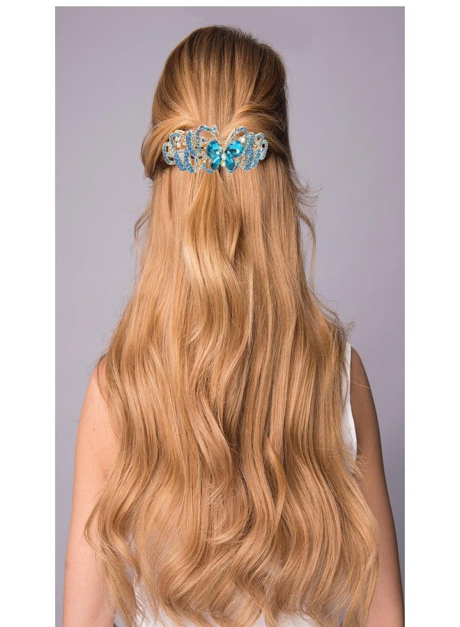 BANBERRY DESIGNS Butterfly Hair Clips - Jeweled Barette - Rose - Gold Metal with Rhinestones - Blue Jewels - 3.5" x 1.25" - Image 5