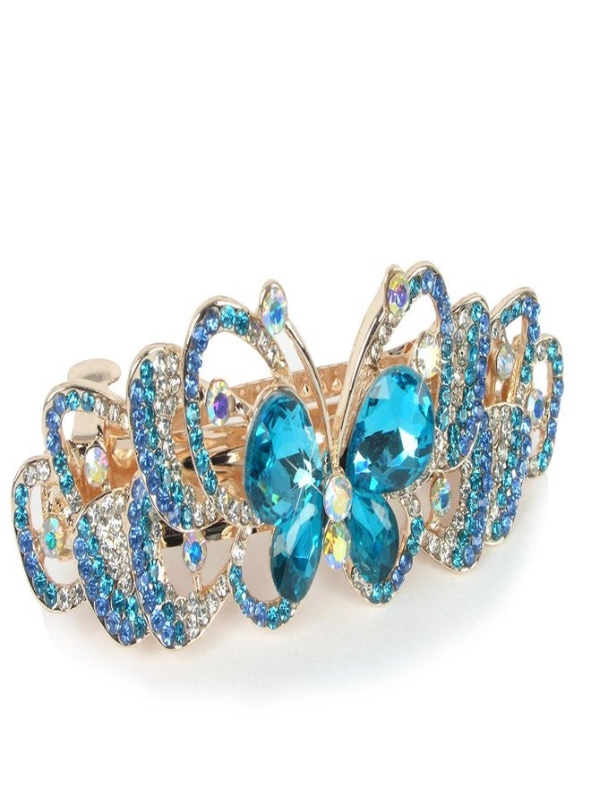 BANBERRY DESIGNS Butterfly Hair Clips - Jeweled Barette - Rose - Gold Metal with Rhinestones - Blue Jewels - 3.5" x 1.25" - Image 1