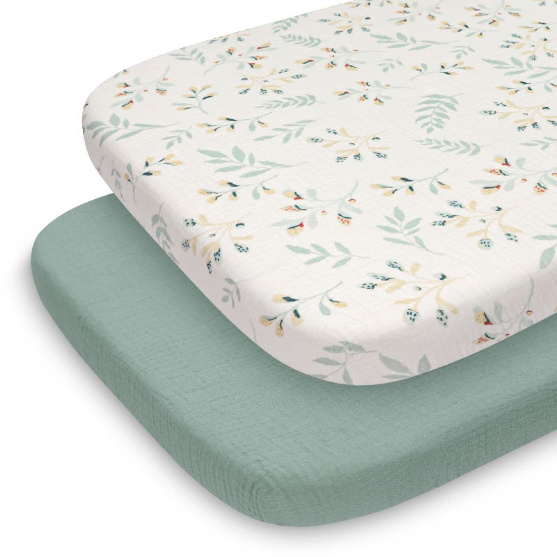Blissful Diary Muslin Bassinet Sheets for Baby Girls Boys, Boho Soft Cotton Fitted for Oval Hourglass Rectangle Mattress, 2 Pack(Roman Green&Leaf) - Image 1