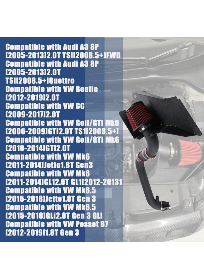 VVORHSBELL مجموعة سحب هواء بارد توربو متوافقة مع GTI MK5(06-09) A3 8P (05-13)2.0T TSI جولف MK6 1.8T/2.0T(11-14) MK6.5 1.8T/2.0T(15-18) باسات B7 1.8T (12-19 يدوي) VW CC2.0T (09-17) - Image 2