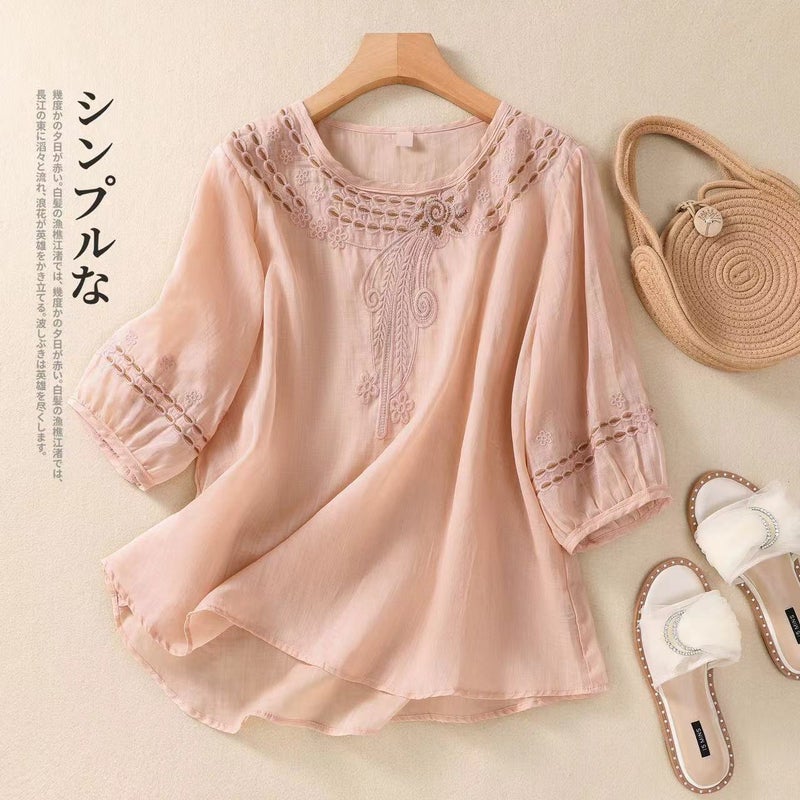 Casual Plus Size Vintage Artistic Cotton Linen Short-Sleeved T-Shirt Women'S 2024 Loose Meat Covering Embroidered Base Top - Image 1