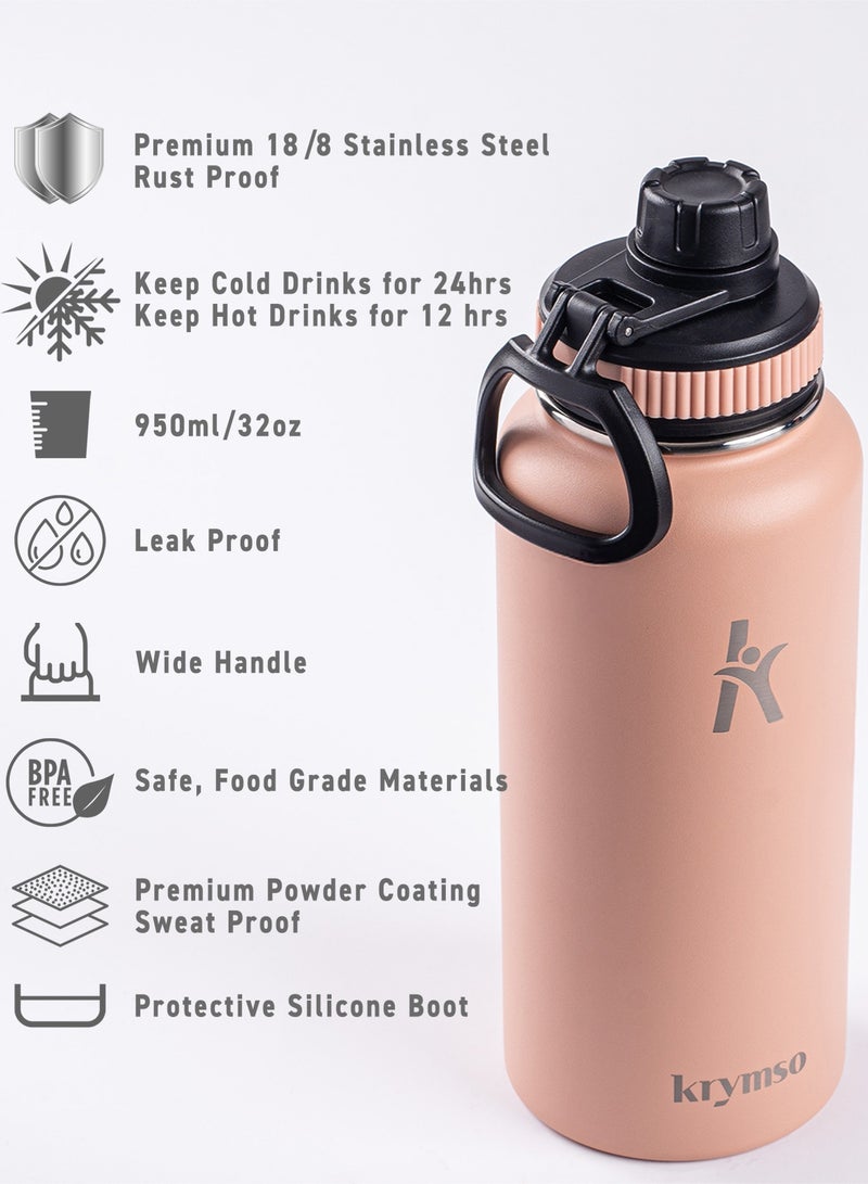 KRYMSO 950ml Stainless Steel Water Bottle, Sports Bottle with Straw, Double Wall Insulated Water Bottle, Thermos Flask, Water Bottle for kids, Gym - Image 2