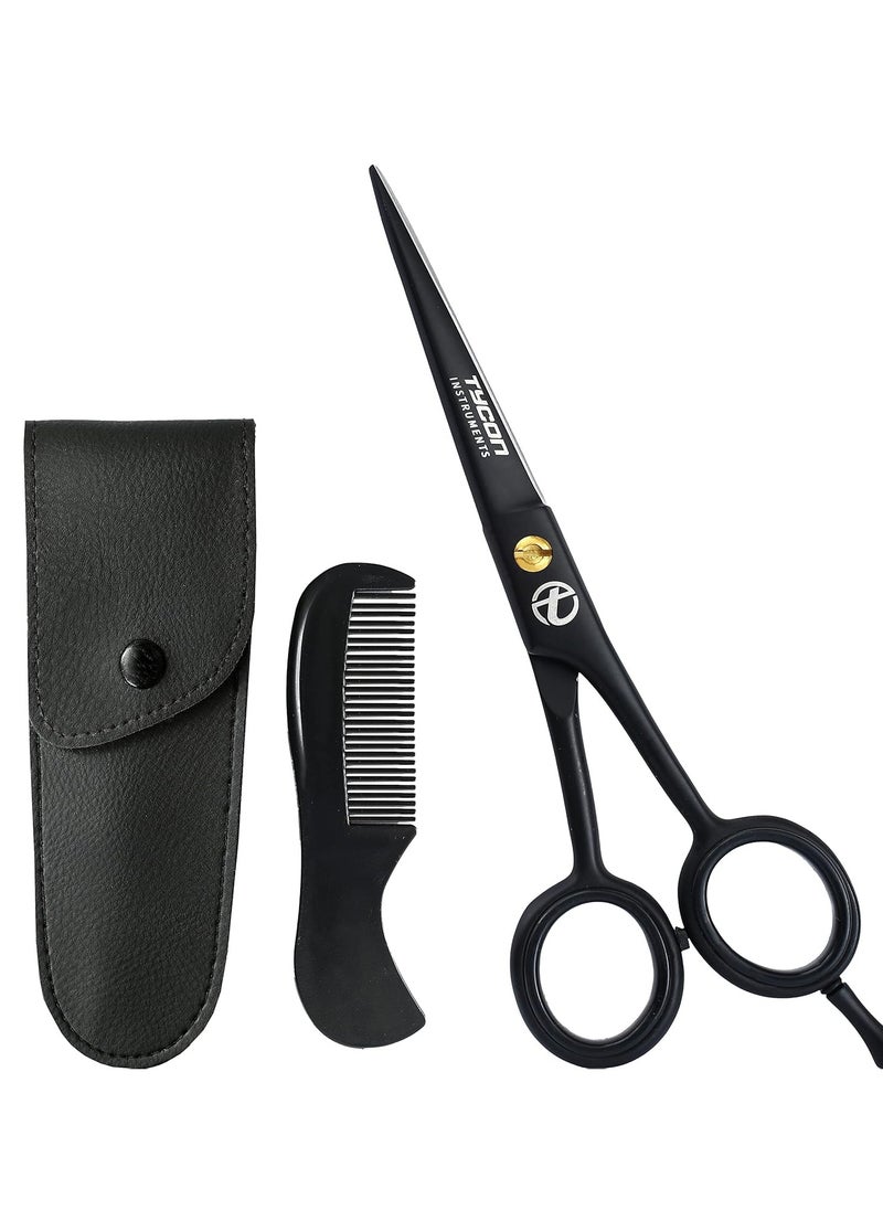 Tycon Instruments - 5.0 Mustache & Beard Scissors for men (Black) with leather Carrying Pouch & Comb - Premium facial beard grooming kit for trimming, styling & cutting of Mustache - Image 1