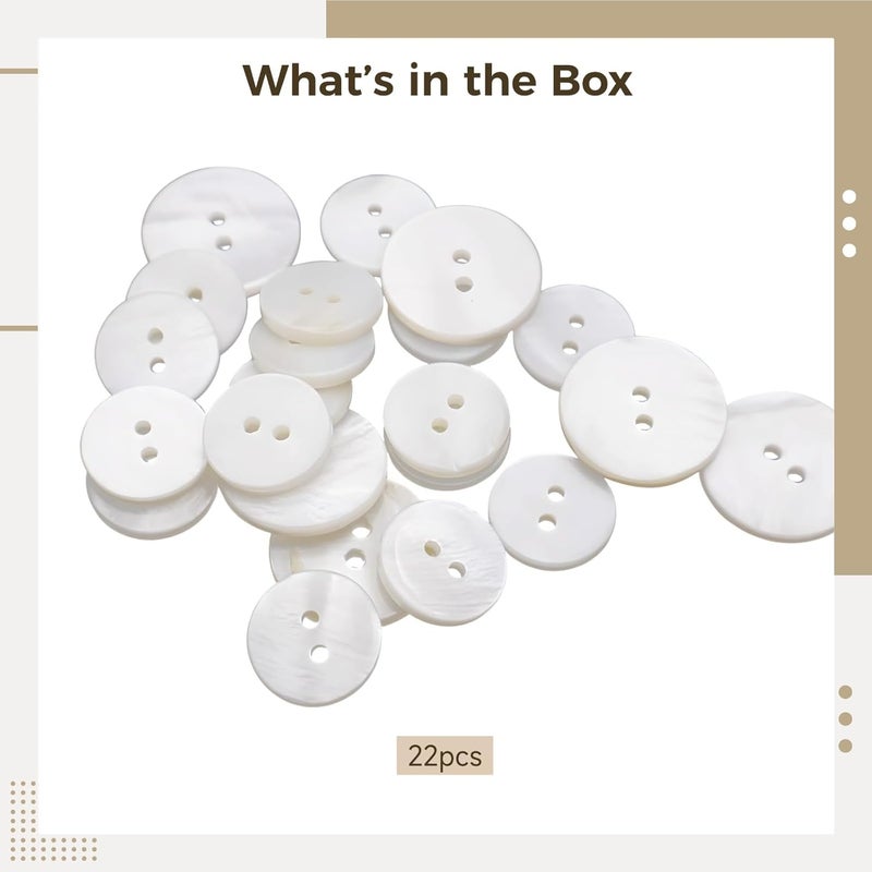 22-Piece White Pearl Button Set, Real Mother of Pearl, Varied Sizes for Blazers, Suits, Coats - Elegant 2-Hole Design, Natural Gloss for Garments & DIY - Image 3