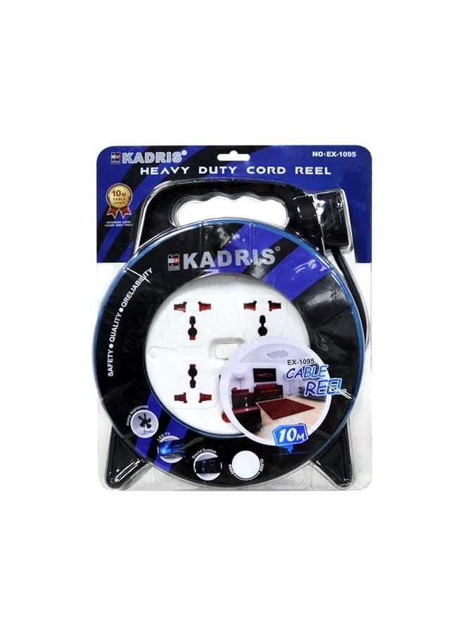 KADRIS Kadris Heavy Duty 3 Way Socket Cable Extension Reel Cassette, 10 Meter Cable Length, Blue/Black  - Image 2