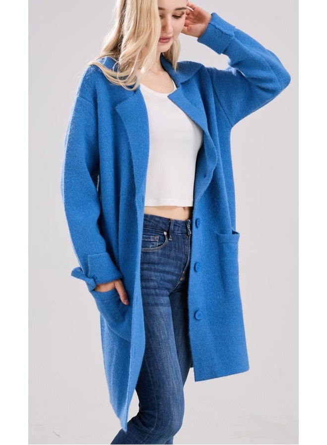 CHARTOU Women Long Cardigan Notched Collar Button Down Loose Fit Knit Blazer Sweater Jacket (Large, Blue) - Image 3