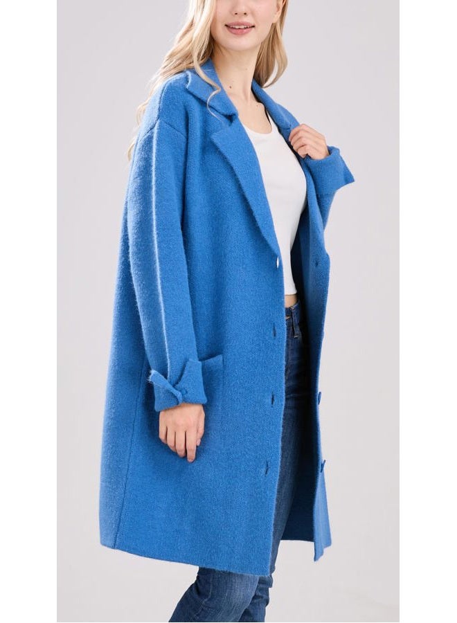 CHARTOU Women Long Cardigan Notched Collar Button Down Loose Fit Knit Blazer Sweater Jacket (Large, Blue) - Image 4