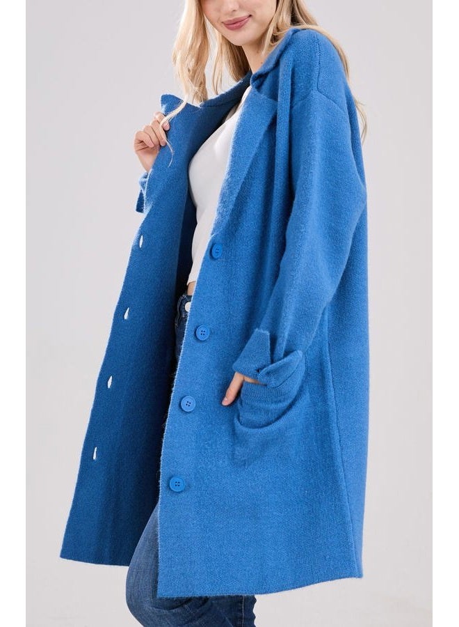 CHARTOU Women Long Cardigan Notched Collar Button Down Loose Fit Knit Blazer Sweater Jacket (Large, Blue) - Image 2