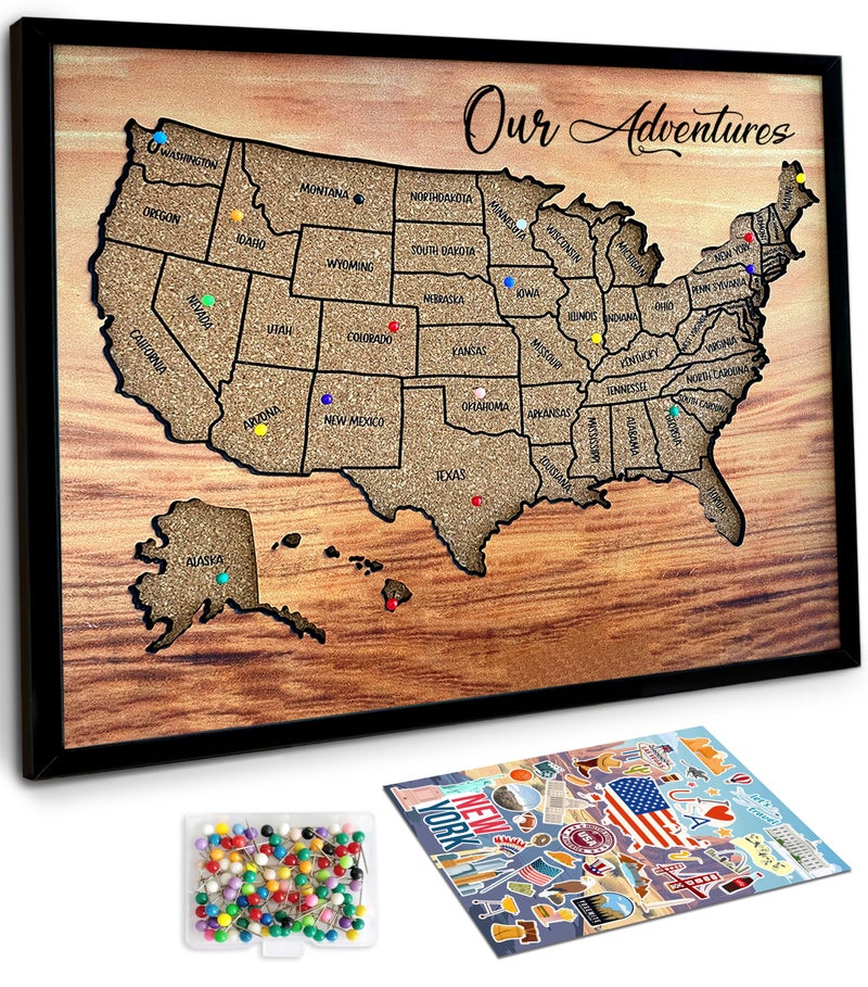 flinelife Cork Board Usa Travel Map With Pins, 12x10, Medium Size, Map of United States, Perfect For Couples and Families Gift - Image 1