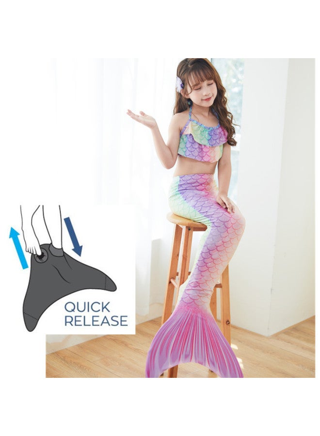 Generic Children's Mermaid Swimsuit Performance Swimsuit Three-piece Set Fish Tail Large Medium And Small Girls Princess Dress Bikini Clothing-Color:Colorful (top + Shorts + Tail + Flippers)- - Image 1