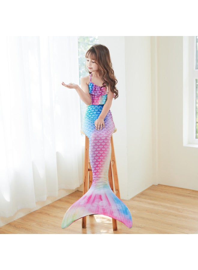 Generic Children's Mermaid Swimsuit Performance Swimsuit Three-piece Set Fish Tail Large Medium And Small Girls Princess Dress Bikini Clothing-Color:Colorful (top + Shorts + Tail + Flippers)- - Image 3