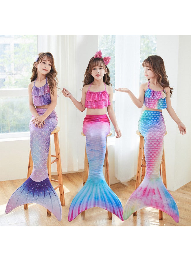 Generic Children's Mermaid Swimsuit Performance Swimsuit Three-piece Set Fish Tail Large Medium And Small Girls Princess Dress Bikini Clothing-Color:Colorful (top + Shorts + Tail + Flippers)- - Image 2