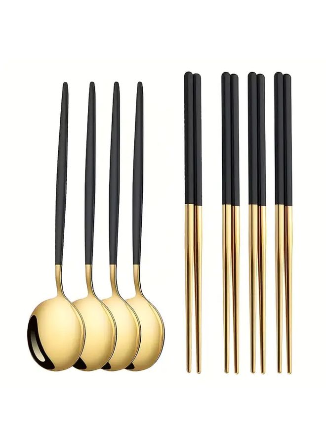 Golden Black Stainless Steel Cutlery Set 8 Piece Spoons Chopsticks - Image 1
