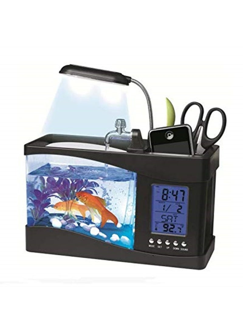 Generic Usb Mini Fish Tank Desktop Electronic Aquarium Fish Tank with Water Running Led Pump Light Calendar Clock Black  - Image 2