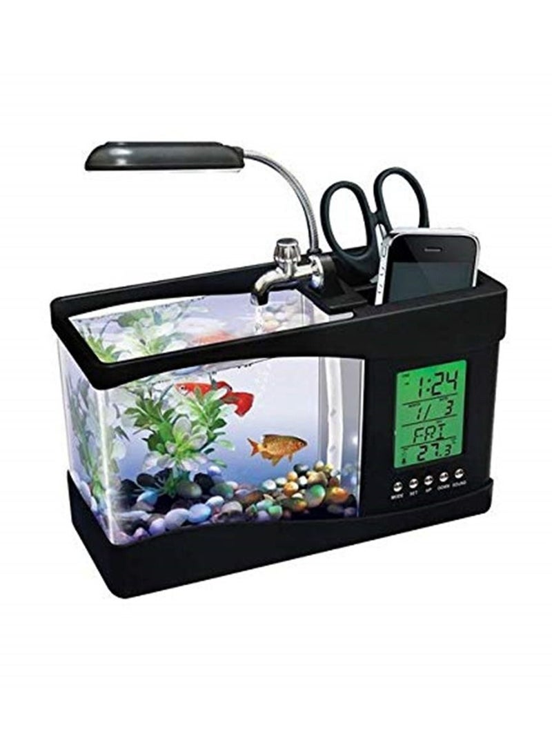 Generic Usb Mini Fish Tank Desktop Electronic Aquarium Fish Tank with Water Running Led Pump Light Calendar Clock Black  - Image 3