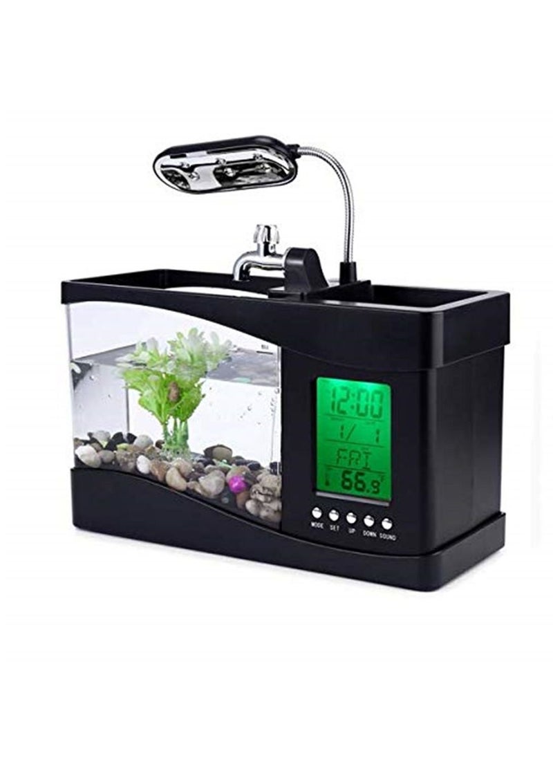 Generic Usb Mini Fish Tank Desktop Electronic Aquarium Fish Tank with Water Running Led Pump Light Calendar Clock Black  - Image 1