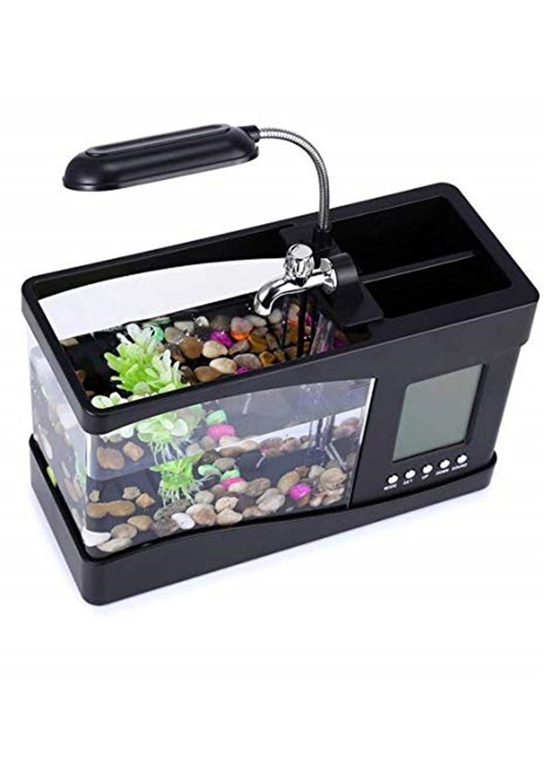 Generic Usb Mini Fish Tank Desktop Electronic Aquarium Fish Tank with Water Running Led Pump Light Calendar Clock Black  - Image 4