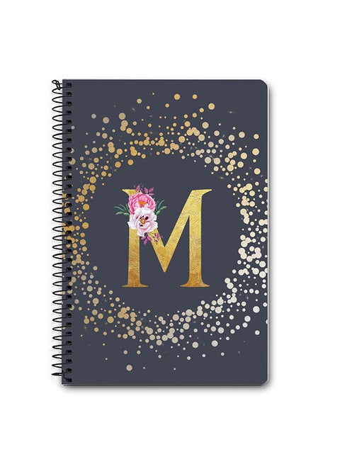 Designer A5 Spiral Notebook Memo Notepad Journal - Custom Monogram Initial Letter Floral Pattern Alphabet - M - Grey
