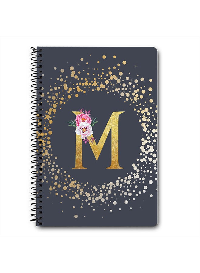 Designer A5 Spiral Notebook Memo Notepad Journal - Custom Monogram Initial Letter Floral Pattern Alphabet - M - Grey