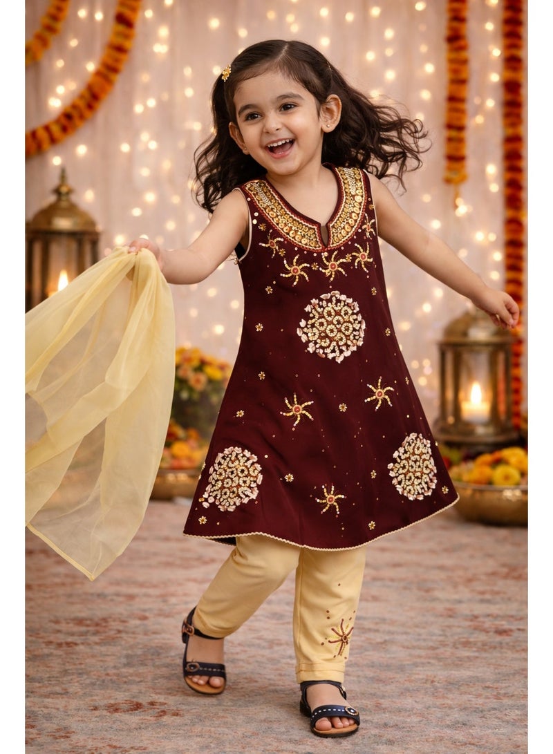 طقم ملابس تراثية للبنات (عمر 4–5 سنوات) – 3 قطع (كورتي مطرزة + بنطال + شال) باللون العنابي والكريمي | مناسب للحفلات والمناسبات - Image 1