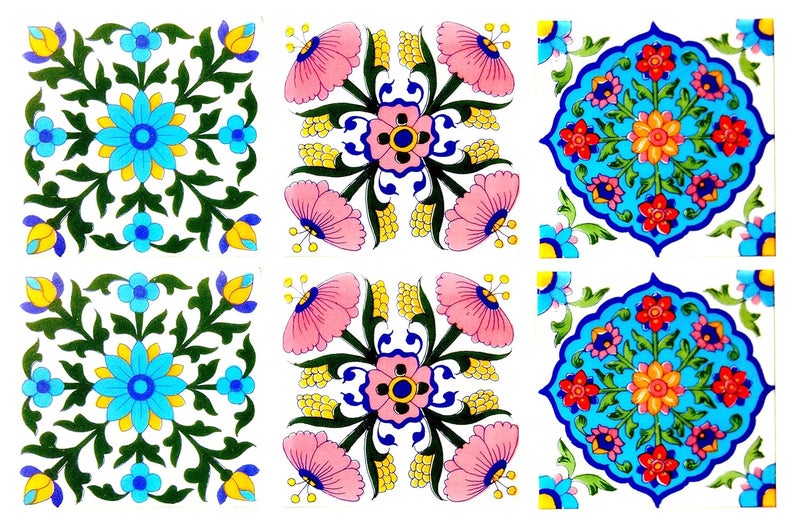 Shiv Kripa Blue Pottery Home Decor Moroccan Pottery Ceramic Handmade Wall Tiles 6 x 6 Inch Set of 6 Tiles White Multi