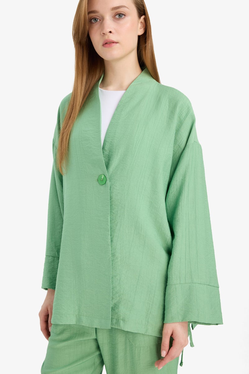 DeFacto Green Woman Relax Fit Crinkle Fabric Long Sleeve Tunic Casual - Image 1