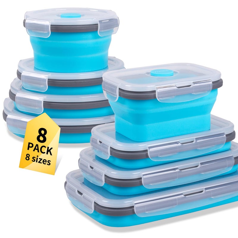Annaklin 8 Pack Collapsible Food Storage Containers with Lids, Silicone Collapsible Food Containers, Collapsible Storage Containers Sets for Snack Camping RV, Microwave Freezer Dishwasher Safe, Blue - Image 1