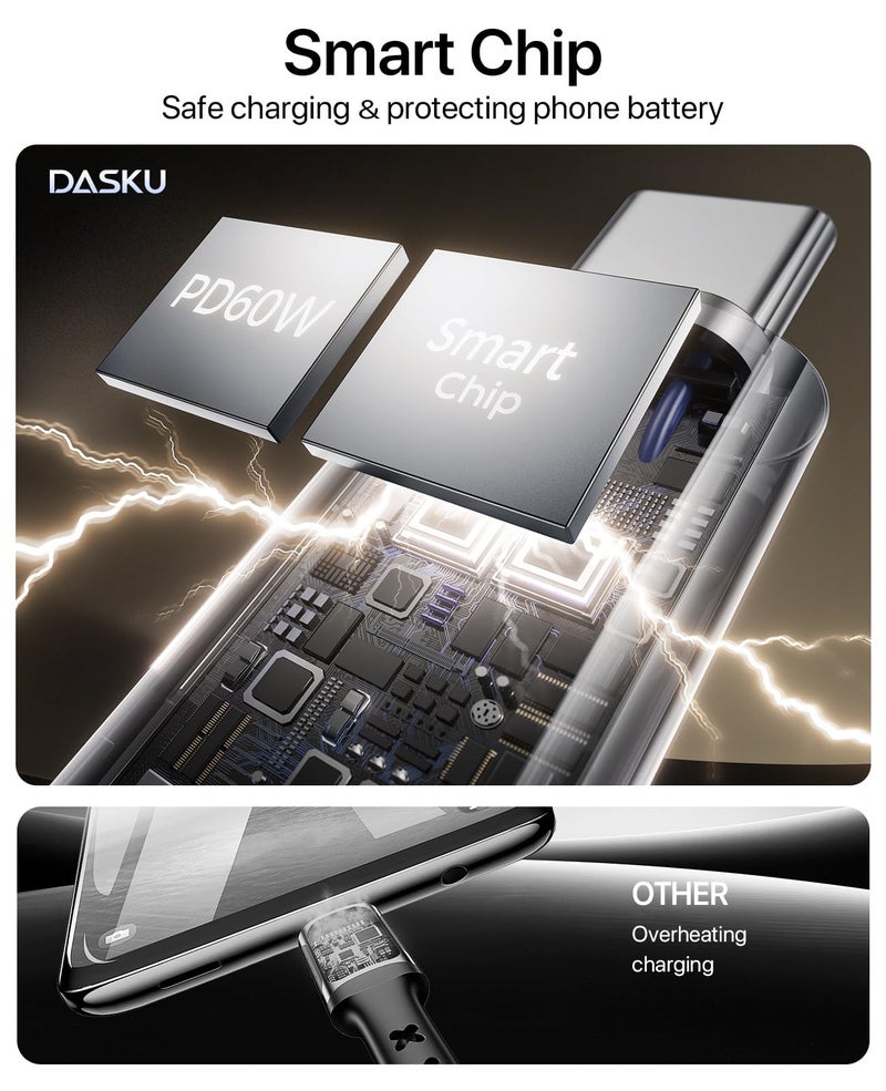 Dasku 90 Degree USB C to USB C Cable 2Pack 6FT 60W iPhone 17 Pro Max Charging Cable Braided Long Right Angle Type C Charger Fast Charging Cord for iPhone 17 16 15 Pro Max 16e, Samsung S25 iPad and More - Image 5