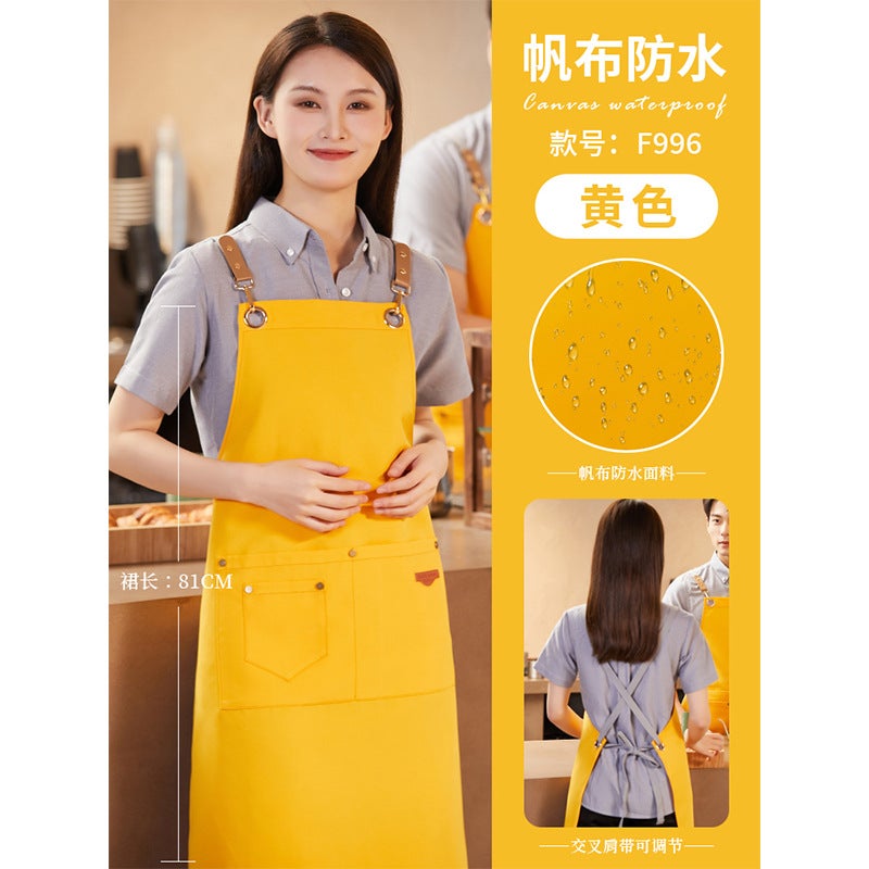 Yellow waterproof canvas apron custom logo printing catering special milk tea shop snack house supermarket work clothes women Ls-f996 canvas waterproof apron yellow