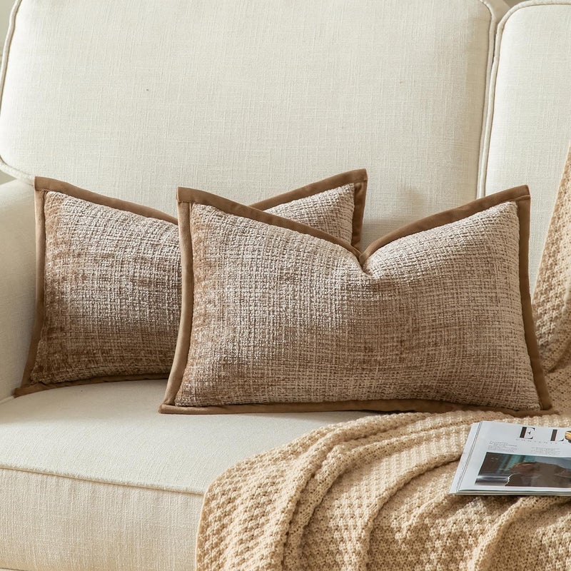 Yaertun Pack of 2 Chenille Textured Decorative Throw Pillow Covers Accent Solid Cushion Cover Soft Cozy Pillow Case with Velvet Back for Couch Sofa Bed Living Room 12x20 Inch Camel - Image 1