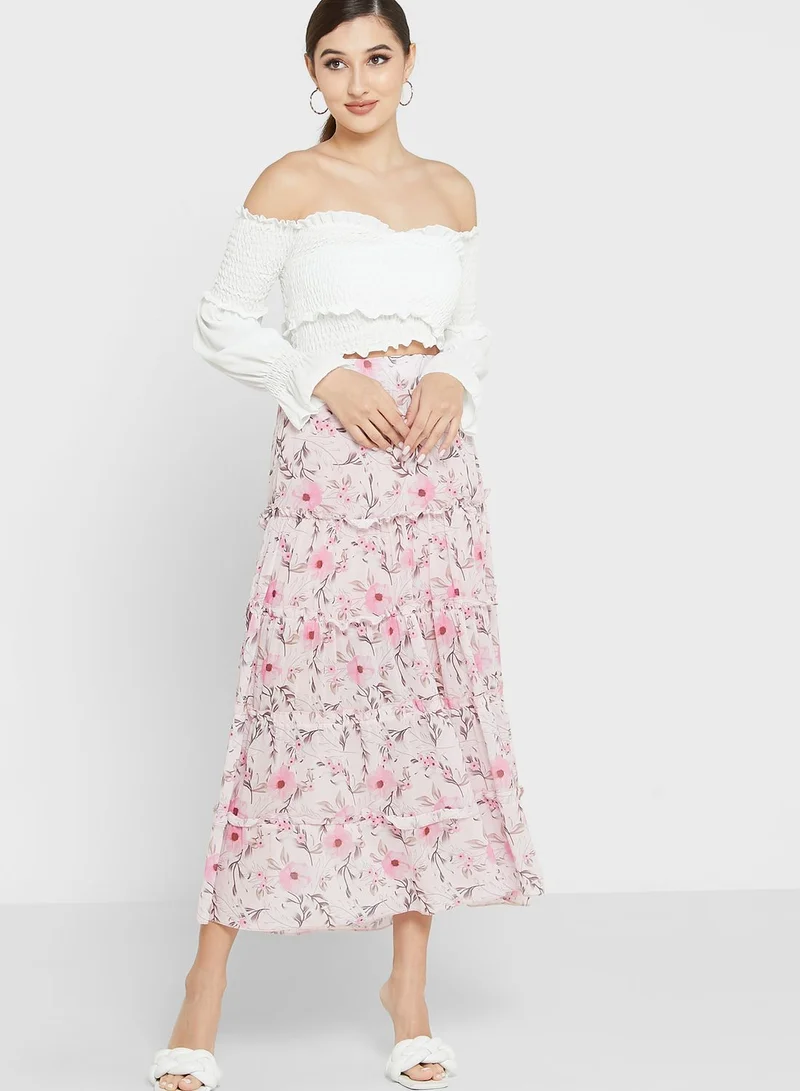 LASULA Floral Print Tiered Skirt