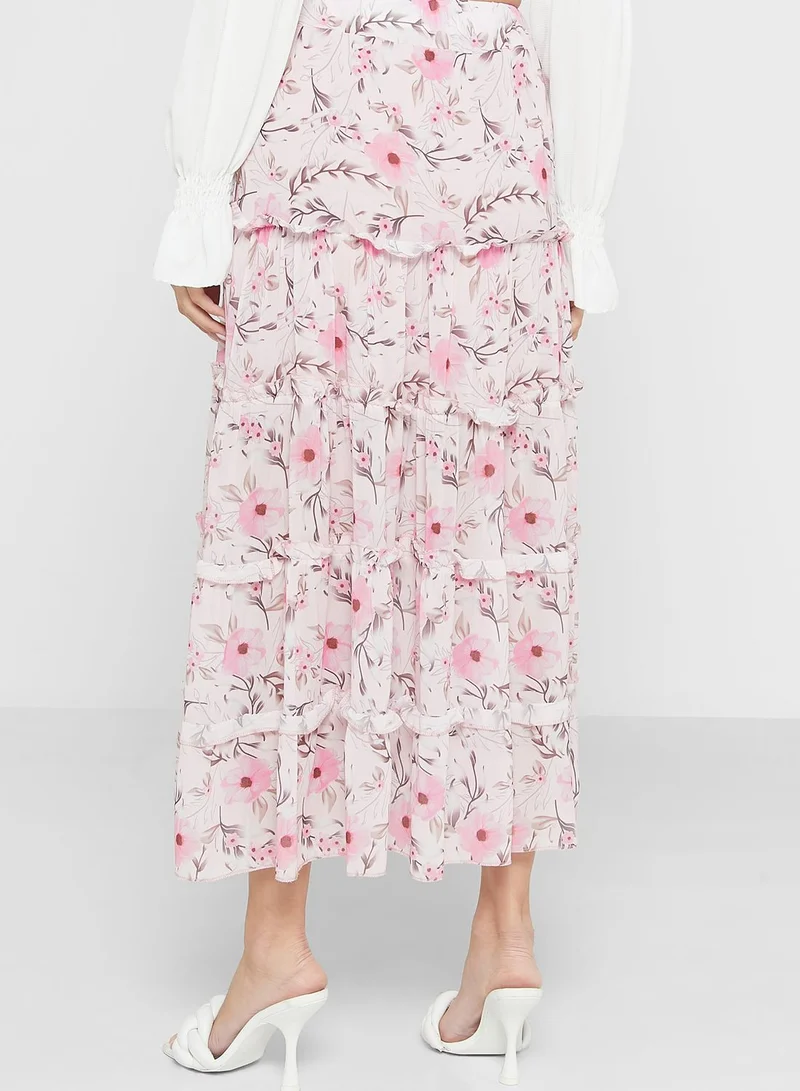 LASULA Floral Print Tiered Skirt