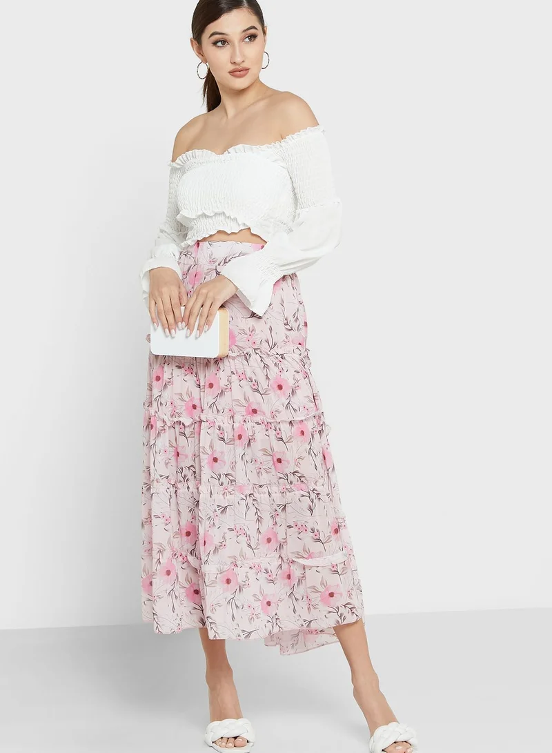 LASULA Floral Print Tiered Skirt