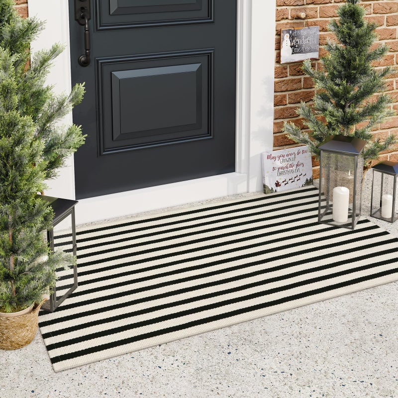 Black and White Outdoor Rug 2x43 Striped Front Door Rug Cotton HandWoven Reversible Entryway Rugs Welcome Layered Doormat Porch Rugs for Entrance Decor Farmhouse Kitchen