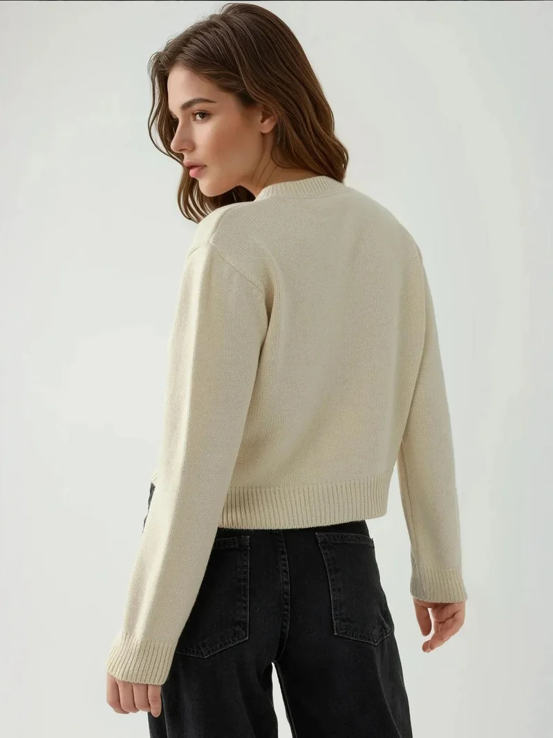 HICCUP Thick Knit Crew Neck Cardigan with Bow Detail