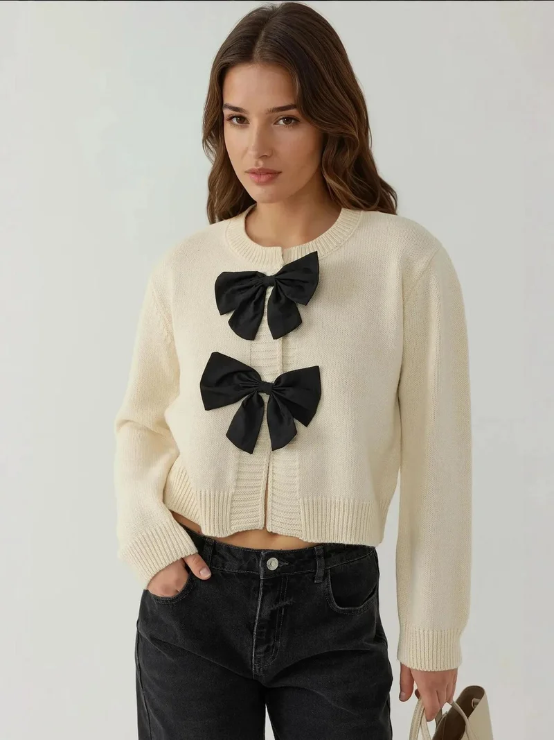 HICCUP Thick Knit Crew Neck Cardigan with Bow Detail