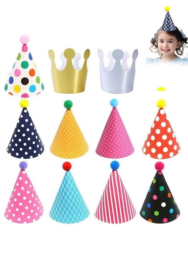 11 قطعة من قبعات مخروطية لحفلات أعياد الميلاد، بوم بوم، قبعات ورقية جميلة على شكل كعكة عيد ميلاد، تاج جميل، للأطفال والكبار (9 قبعات و2 تاج) - Image 1
