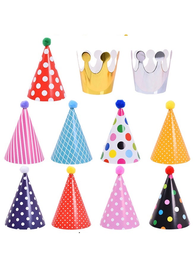 11 قطعة من قبعات مخروطية لحفلات أعياد الميلاد، بوم بوم، قبعات ورقية جميلة على شكل كعكة عيد ميلاد، تاج جميل، للأطفال والكبار (9 قبعات و2 تاج) - Image 4
