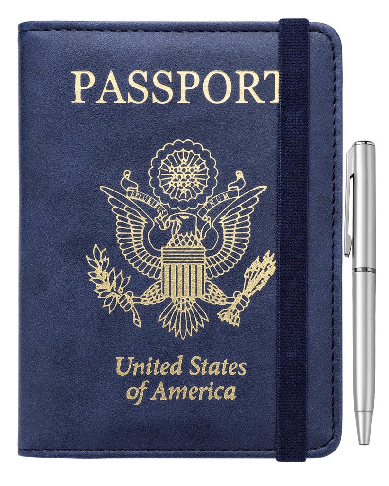 WALNEW Passport Holder for Travel, RFID Passport Cover Wallet for Women Men, PU Leather Passport Book Card Holder Case with Pen, Travelling Essentials for Flying - Image 1